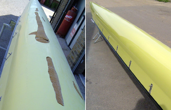 Before and after images of boat repair