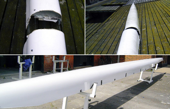 Before and after images of boat repair
