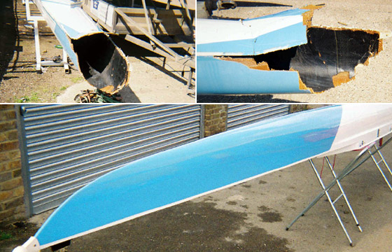 Before and after images of boat repair